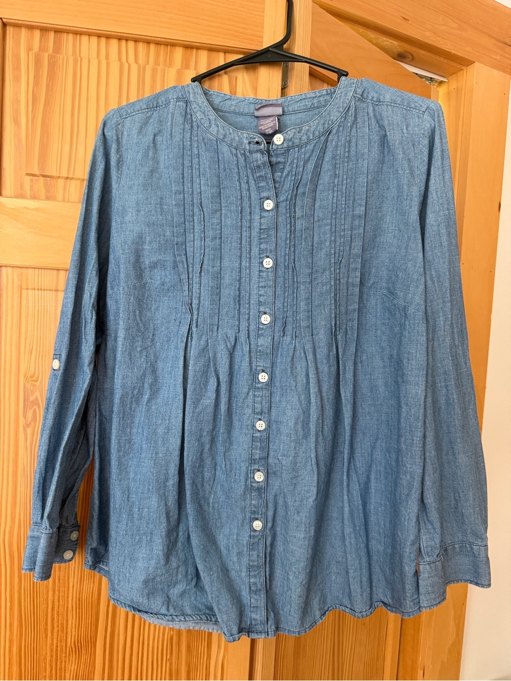 Laura Scott Petite Blue Denim Pintuck Button-Front Shirt